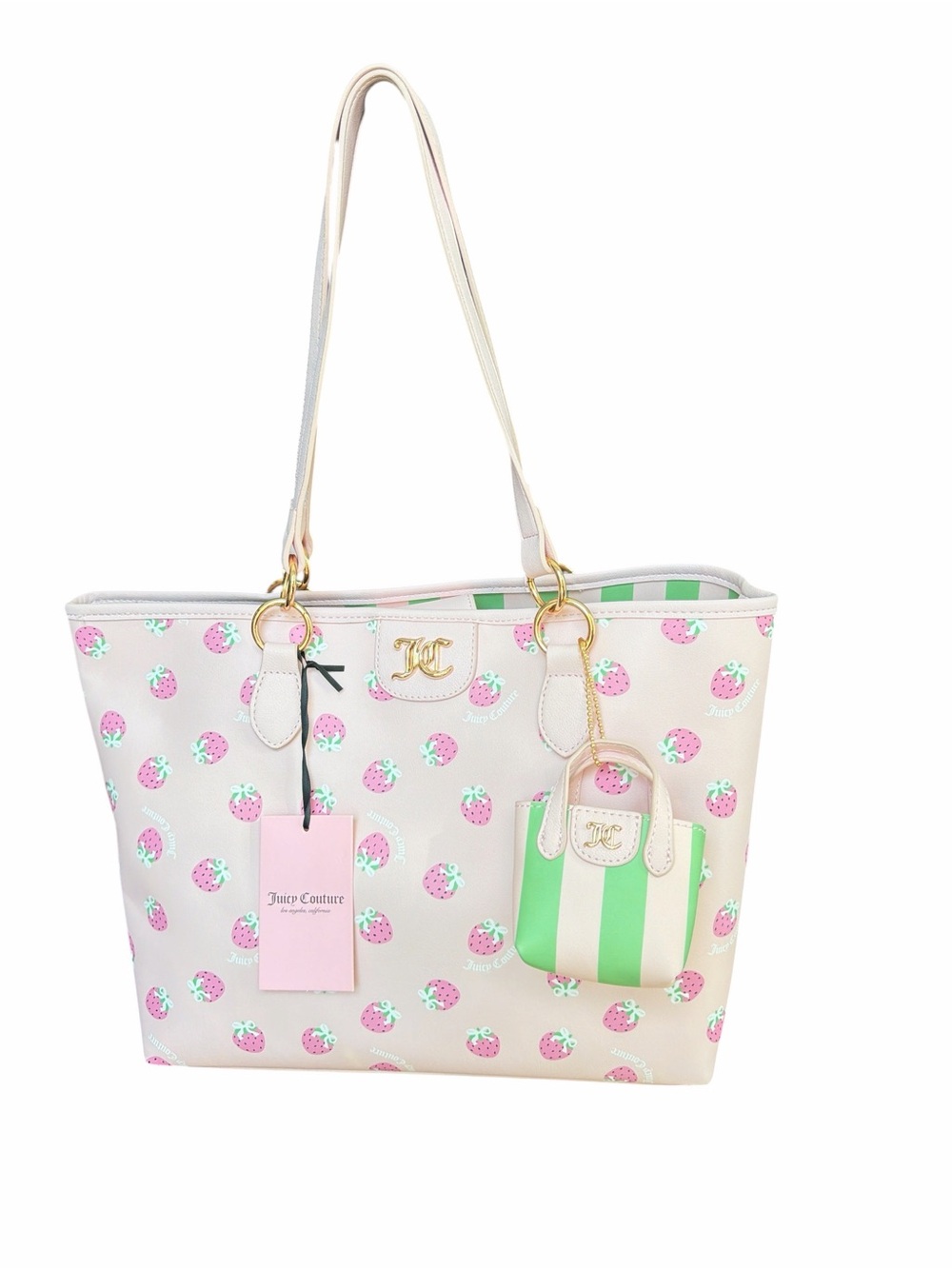 Juicy Couture Pink Strawberry Print Tote with Green Stripe Charm